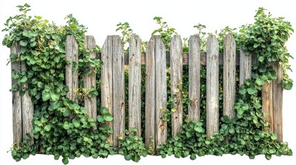Obraz premium A rustic wooden fence with irregularly spaced planks partially covered by lush green vegetation