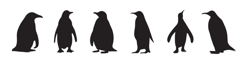 A set of six penguin silhouettes in various dynamic poses perfect for animal related designs educational materials or winter-themed projects