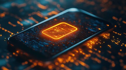 Glowing digital code displayed on a smartphone screen, resting on a circuit board.