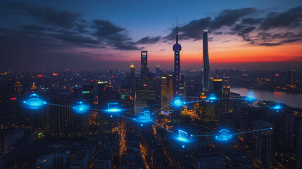 Naklejka premium Abstract business man stands on the peak of success amid tall, innovative Smart city and graphs with statistics to analyze business potential and predict future developments in company growth.