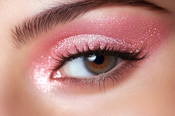 Obraz premium Beautiful eyes attract beauty by applying a shiny pink color to the eyelid