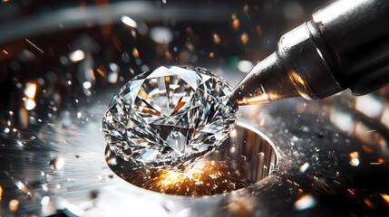 Precision machinery cutting a synthetic diamond, highlighting technology and craftsmanship. Stormfall. Illustration