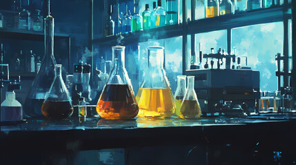 Science and the laboratory, scientific, chemistry, research, chemical, lab, liquid, equipment, medicine, medical, glassware, industry, health, biotechnology, scientist. Stormfall. Illustration
