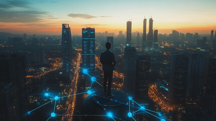 Fototapeta premium Abstract business man stands on the peak of success amid tall, innovative Smart city and graphs with statistics to analyze business potential and predict future developments in company growth.