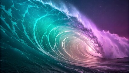 Naklejka premium A surreal, abstract photo of a neon-lit wave. The wave's soft, glowing colors create a dreamy and ethereal atmosphere.