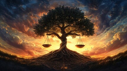 World Day of Social Justice. Scales of justice turned into a tree of life, roots reaching for symbols of equal opportunities, against the background of sunset, socialist realism style