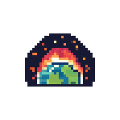 Pixel icon of planet earth. Vector icon of sunrise in dark sky. Earth with sun in pixel style. Flame with planet earth vector. Vector illustration.