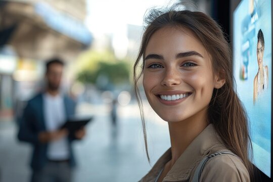 A young woman with a bright smile stands near a city street, looking directly at the camera.