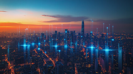 Fototapeta premium Abstract business man stands on the peak of success amid tall, innovative Smart city and graphs with statistics to analyze business potential and predict future developments in company growth.