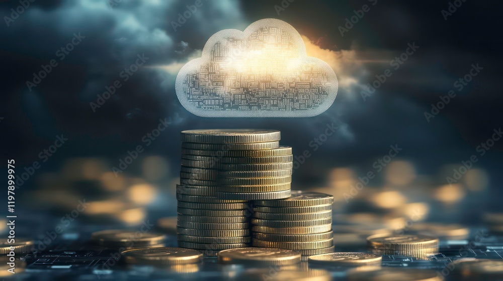 Aufkleber cloud computing financial savings, money stack with digital cloud symbol.