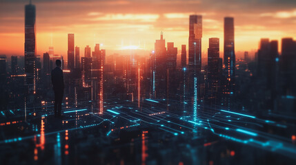 Abstract business man stands on the peak of success amid tall, innovative Smart city and graphs with statistics to analyze business potential and predict future developments in company growth.