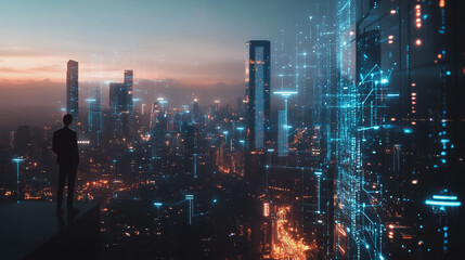 Fototapeta premium Abstract business man stands on the peak of success amid tall, innovative Smart city and graphs with statistics to analyze business potential and predict future developments in company growth.