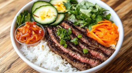 An artistic arrangement of a steak rice bowl with grilled steak slices, fresh greens, and a side of pickled vegetables, creating a harmonious balance of colors and textures