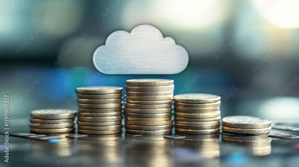 Poster cloud computing financial growth concept; stacks of coins rising with a cloud icon above.