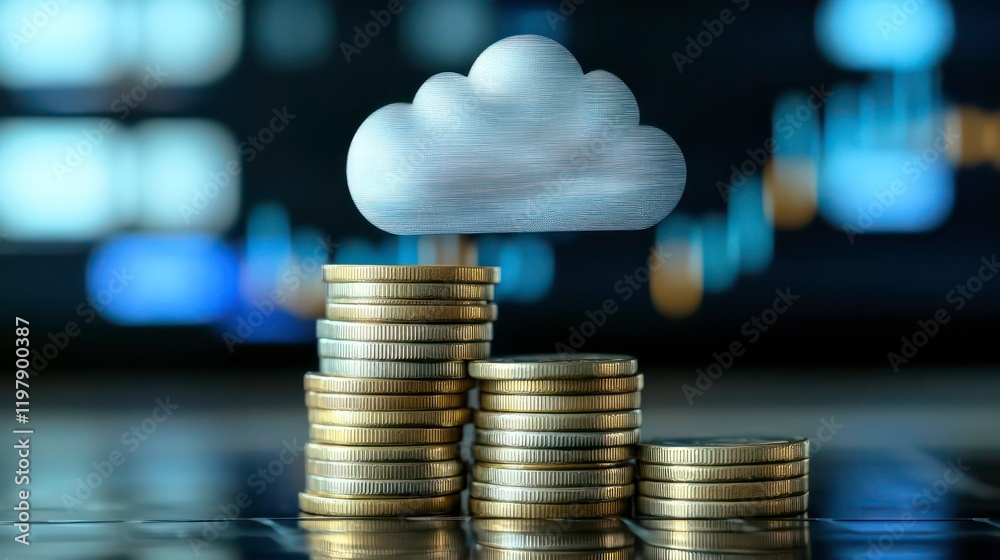 Aufkleber cloud computing financial growth concept. stacked coins with a cloud symbol on top against a blurry 