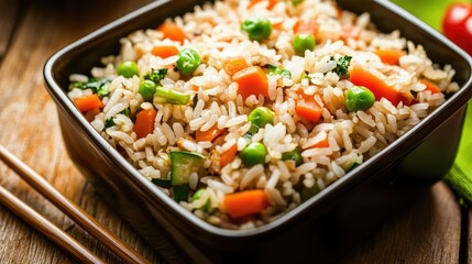 An artistic arrangement of bento fried rice on a wooden table, with vibrant vegetables and a pair of chopsticks resting beside the box, inviting a taste