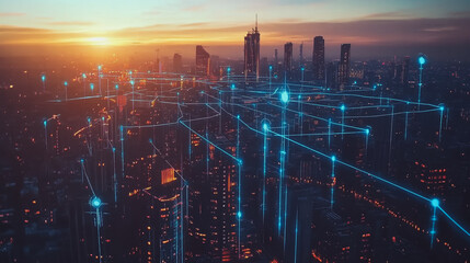 Abstract business man stands on the peak of success amid tall, innovative Smart city and graphs with statistics to analyze business potential and predict future developments in company growth.