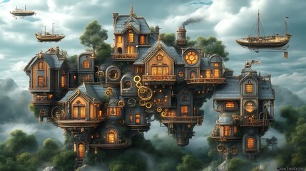 Obraz premium A Steampunk Floating Island City Houses And Airships