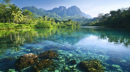 Tropical lagoon, clear water, mountain backdrop, sunrise, serenity