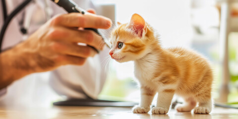 Veterinarian examining  a small red kitten