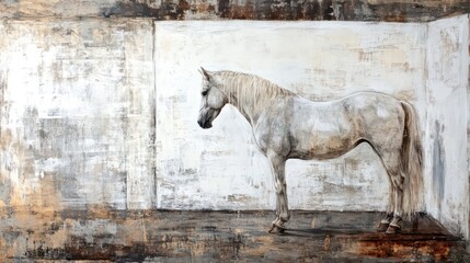 A solitary white horse stands in a minimalist, textured room, its profile subtly highlighted against the neutral backdrop.