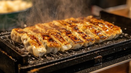 An elegant presentation of gyoza sizzling in a hot pan, with steam rising and a golden crust visible, emphasizing the deliciousness of this popular Japanese dish