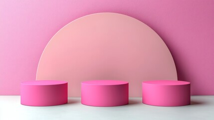 Pink Minimalist Product Display: A trio of cylindrical platforms stand before a half-circle backdrop in a striking minimalist design, rendered in vibrant pink hues.
