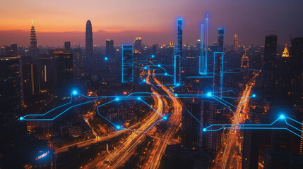 Fototapeta premium Abstract business man stands on the peak of success amid tall, innovative Smart city and graphs with statistics to analyze business potential and predict future developments in company growth.