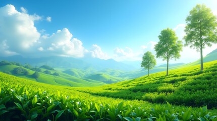 Serene Green Tea Plantation Landscape Under a Sunny Sky