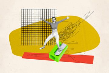 Composite photo collage of happy student girl jump sharpener tool education concept supply college isolated on painted background