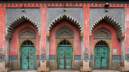 Ornate Architectural Facade With Three Teal Doors