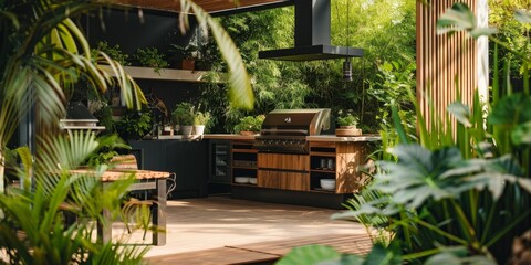 Obraz premium A modern outdoor kitchen with a grill surrounded by lush greenery, perfect for entertaining.
