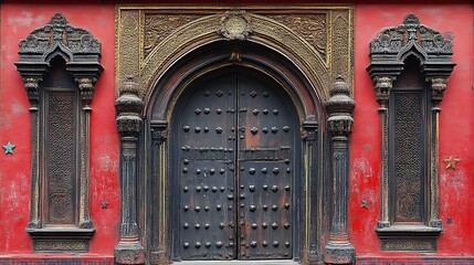 Ornate Archway Doorway Red Building Facade