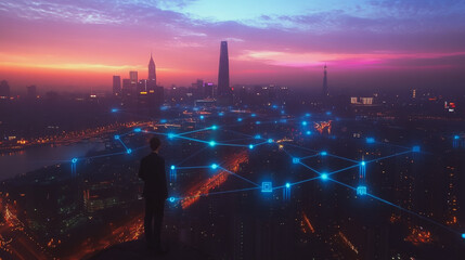 Fototapeta premium Abstract business man stands on the peak of success amid tall, innovative Smart city and graphs with statistics to analyze business potential and predict future developments in company growth.