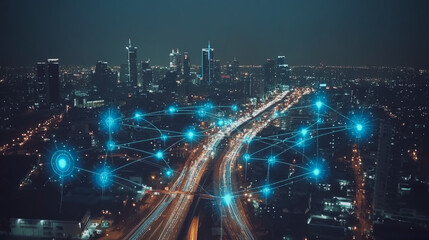 Abstract business man stands on the peak of success amid tall, innovative Smart city and graphs with statistics to analyze business potential and predict future developments in company growth.