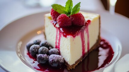 A heavenly slice of New York-style cheesecake topped with fresh berries and a raspberry coulis,...