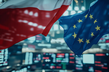 Polish and EU flags wave prominently in a dynamic atmosphere of cooperation and unity amidst financial markets