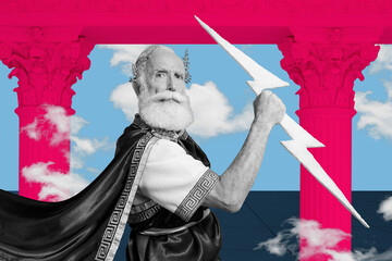 Obraz premium Exclusive art banner collage of serious caesar man emperor hold lightning stand ancient castle design column prehistoric era