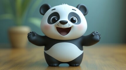 Naklejka premium Cute cartoon panda figurine smiling joyfully on a wooden table with a plant in the background