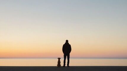 Obraz premium Silhouette of man and dog watching sunrise over calm sea.