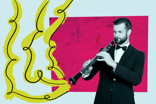 Exclusive art banner collage of serious man flutist wear elegant suit blow music pipe concert performance doodle music art
