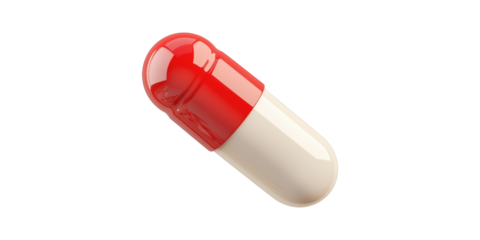 Red and white pill capsule isolated on transparent background