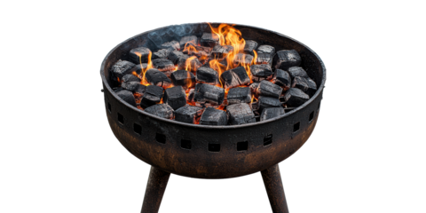 Outdoor charcoal grill with flames isolated on transparent background
