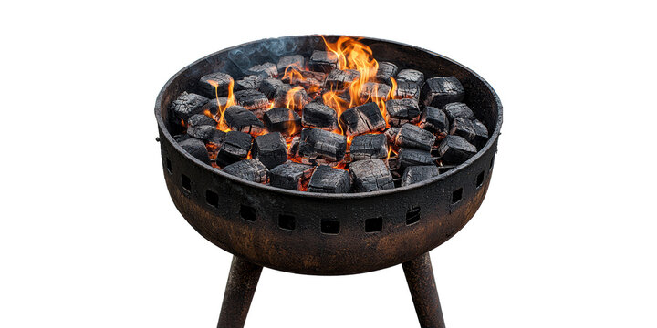 Outdoor charcoal grill with flames isolated on transparent background