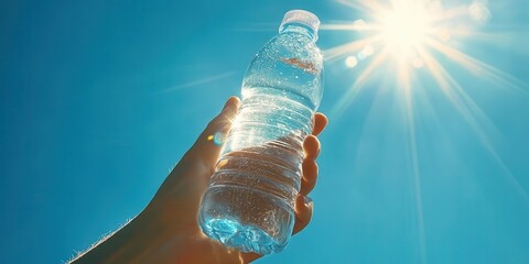 Hand holding a water bottle under sunlight, emphasizing environmental awareness for the world water day.