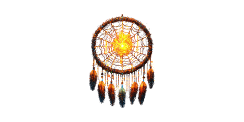 Dreamcatcher with orange center and feathers isolated on transparent background