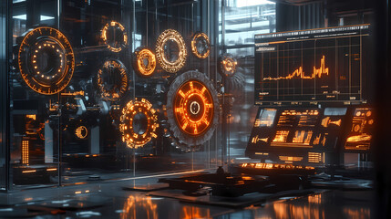 High-concept scene depicting budget planning as a series of digital gears and cogs, each labeled with financial terms, working together in a sleek, glass financial lab. Stormfall. Illustration