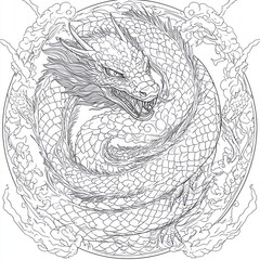 Obraz premium Drawing of a coiled dragon, with clouds and swirls, for coloring book or tattoo design use