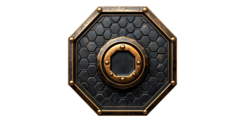 Octagonal bronze and black hexagon pattern shield isolated on transparent background