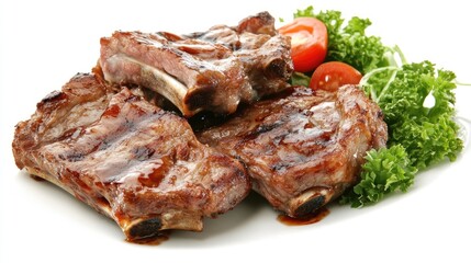 Obraz premium A close-up view of juicy grilled pork ribs on a plate, with the meat falling off the bone and glistening with barbecue sauce, creating an irresistible presentation
